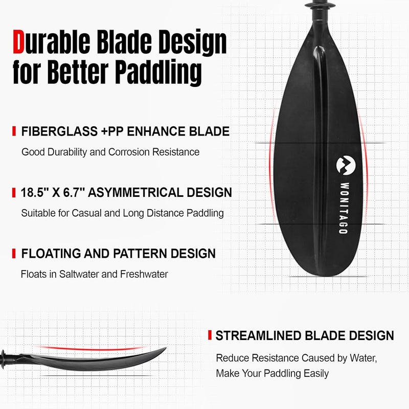 WONITAGO Kayak Paddles with Fiberglass Shaft and Reinforced PP Blade, Floating Adjustable Kayaking Oars, 3 Piece, 220-240 cm/86-94 Inches, 240-260 cm/94-102 Inches - Image 2